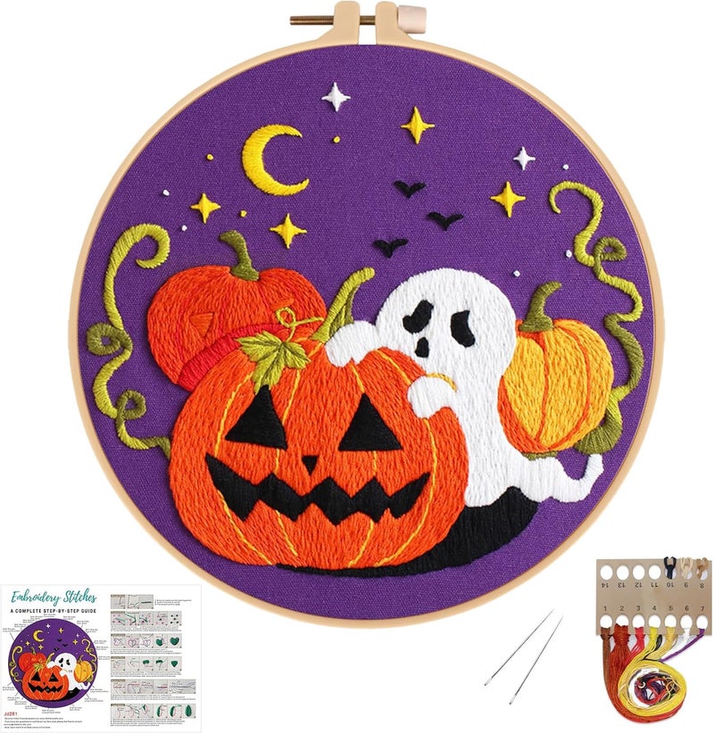 Nuberlic Halloween Embroidery Kits for Beginners Ghost Pumpkin DIY Cross Stitch Starter Craft Kits for Adults Including Cloth with Pattern Hoop Needles Instruction and Threads - Image 1